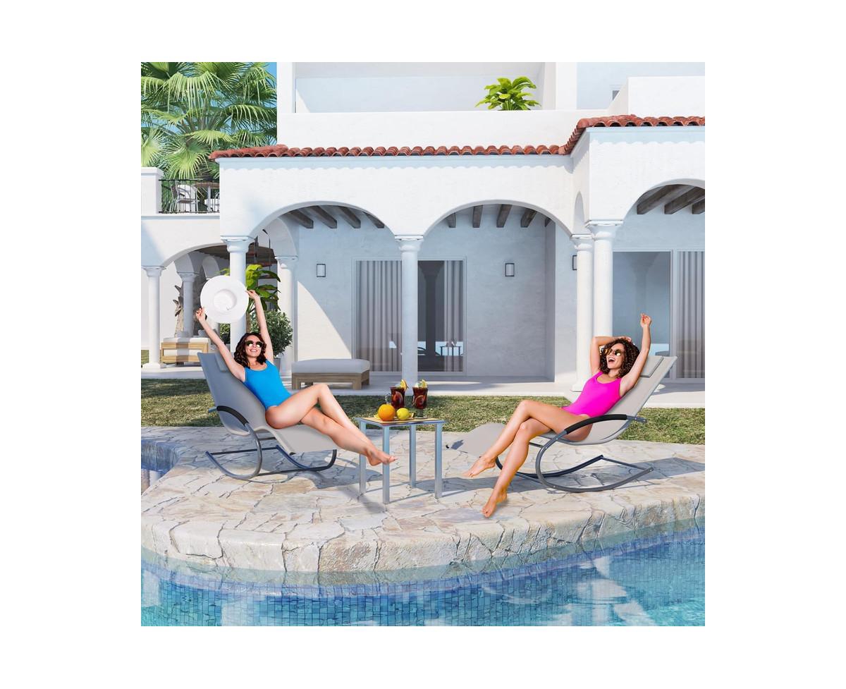 gaomon Outdoor Patio Chaise Lounge Set of 2, 3 Pieces Rocking Lounge Chairs with Arm, Headrests Side Table, Beach Sunbathing Lawn Iron Chairs for Outs