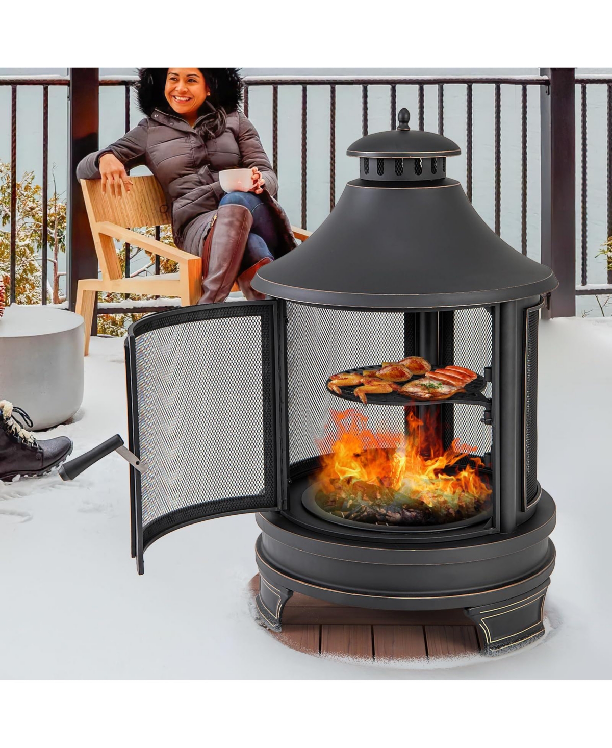 Sugift Outdoor Fire Pit Chiminea with Grill for Garden Bbq