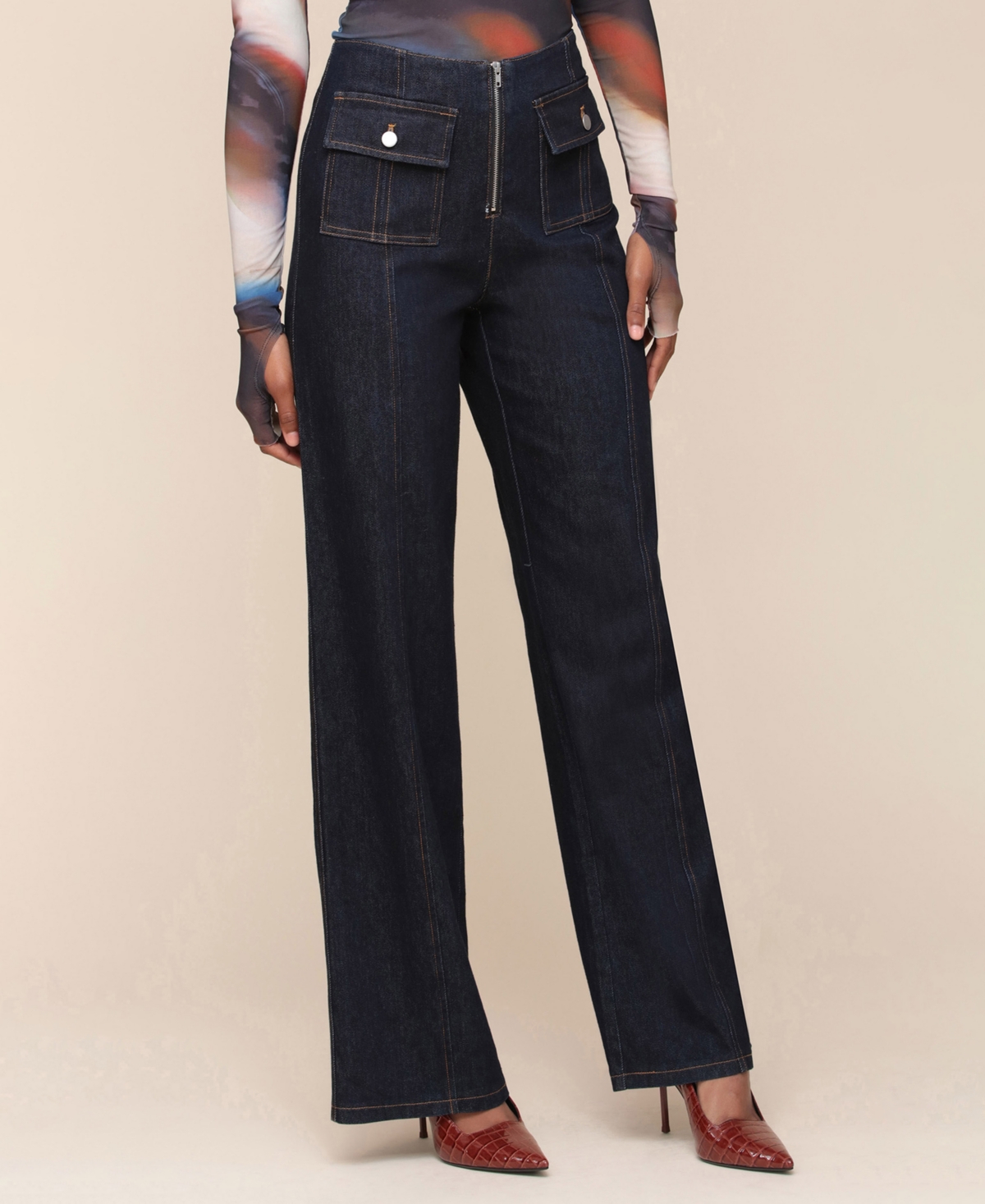 Avec Les Filles Women's Zip-Front Wide-Leg Jeans