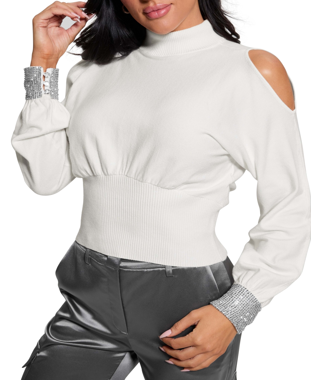 Guess Women's Long-Sleeve Cold-Shoulder Bling-Cuff Sweater