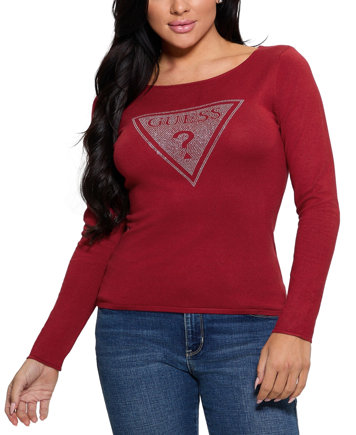 GUESS WOMEN'S ELIZA RHINESTONE-LOGO BOAT-NECK SWEATER 