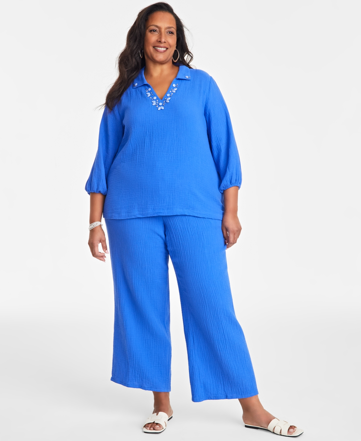Jm Collection Plus Size Embellished Collar Cotton Gauze Top, Exclusively at Macy's