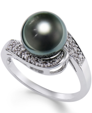image of Cultured Tahitian Black Pearl (9mm) and Diamond (1/10ct. t.w.) Swirl Ring in 14k White Gold
