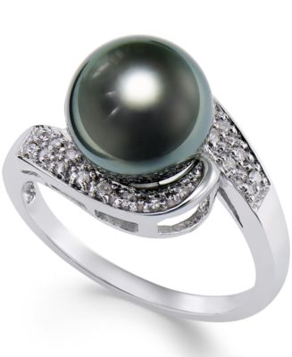 Cultured Tahitian Black Pearl (9mm) and Diamond (1/10ct. t.w.) Swirl ...