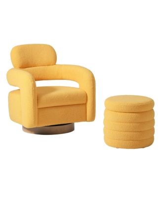 Modern Faux Sherpa Swivel Barrel Accent Chair With Storage Ottoman