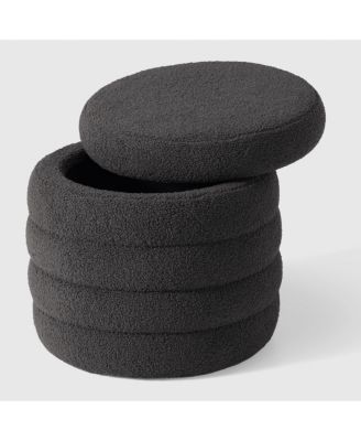 Mid-Century Modern Faux Sherpa Round Storage Ottoman
