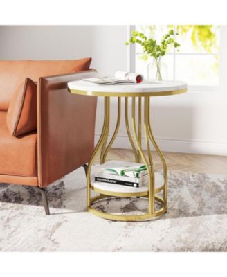Round Side Table White Gold End Table 2-Tier End Table Modern Bedside Table Small Side Table with Storage for Couch Side, Sofa Side Table with Metal Frame for Living Room
