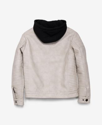 Boys Lined Moto PU Leather Jacket With Removable Hood