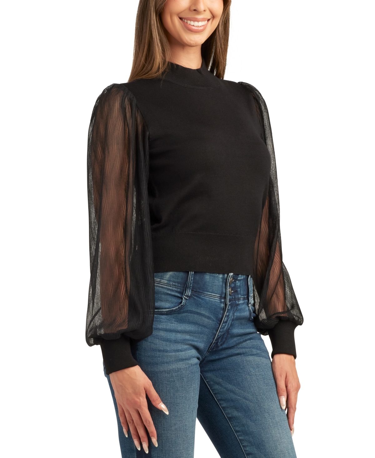 Bcx Women's Pleated-Sleeve Mock-Neck Sweater