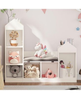 Kids Bookshelf with Reading Nook 47.75in Width Children Bookcase 6-Cubby Toy Storage Organizer Seat Cushion Wooden Storage Bench Playhouse Cabinet Kids Room, Playroom, Classroom, Nursery