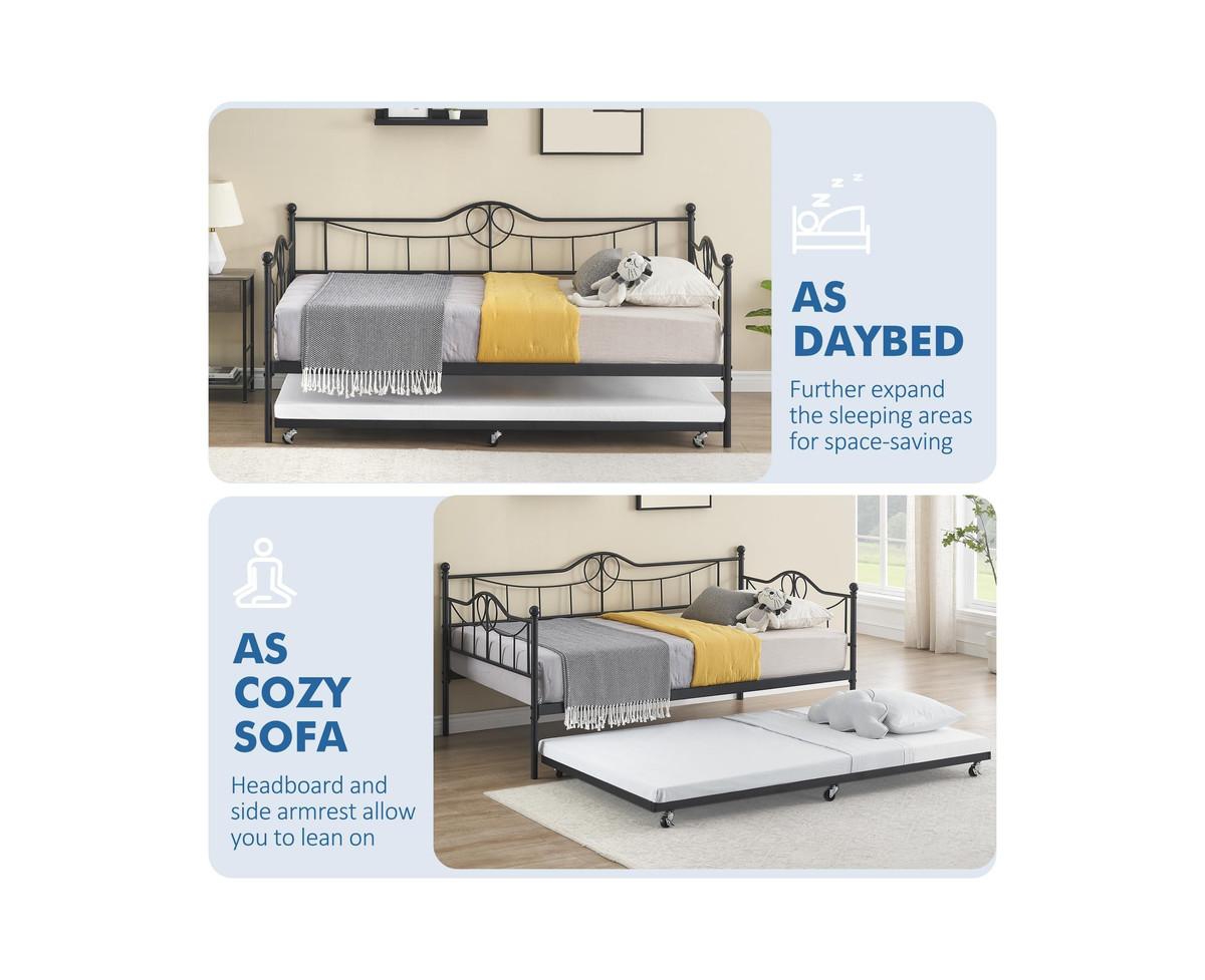 gaomon Daybed with Trundle, Modern Pull Out Day Bed Frame with Vintage Headboard, Metal Daybed with Sturdy Slat Support,for Small Spaces, Kids Ro