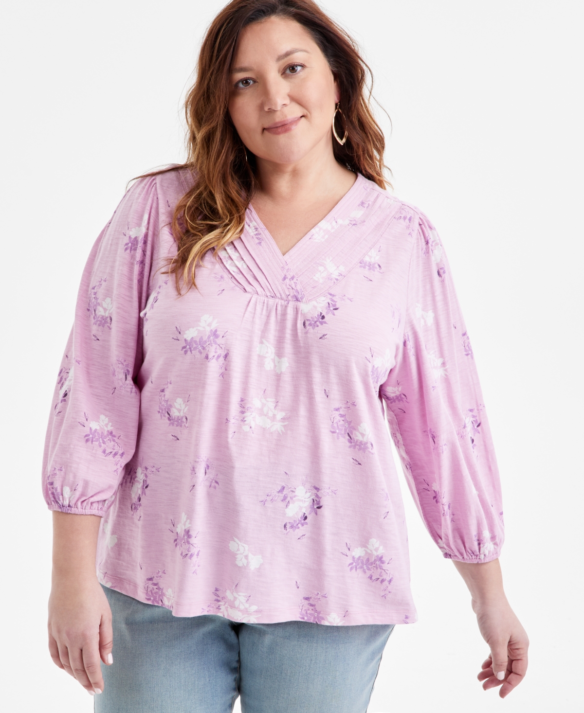 Plus Size Printed V-Neck Blouse, Exclusively at Macy's - Millie Pink