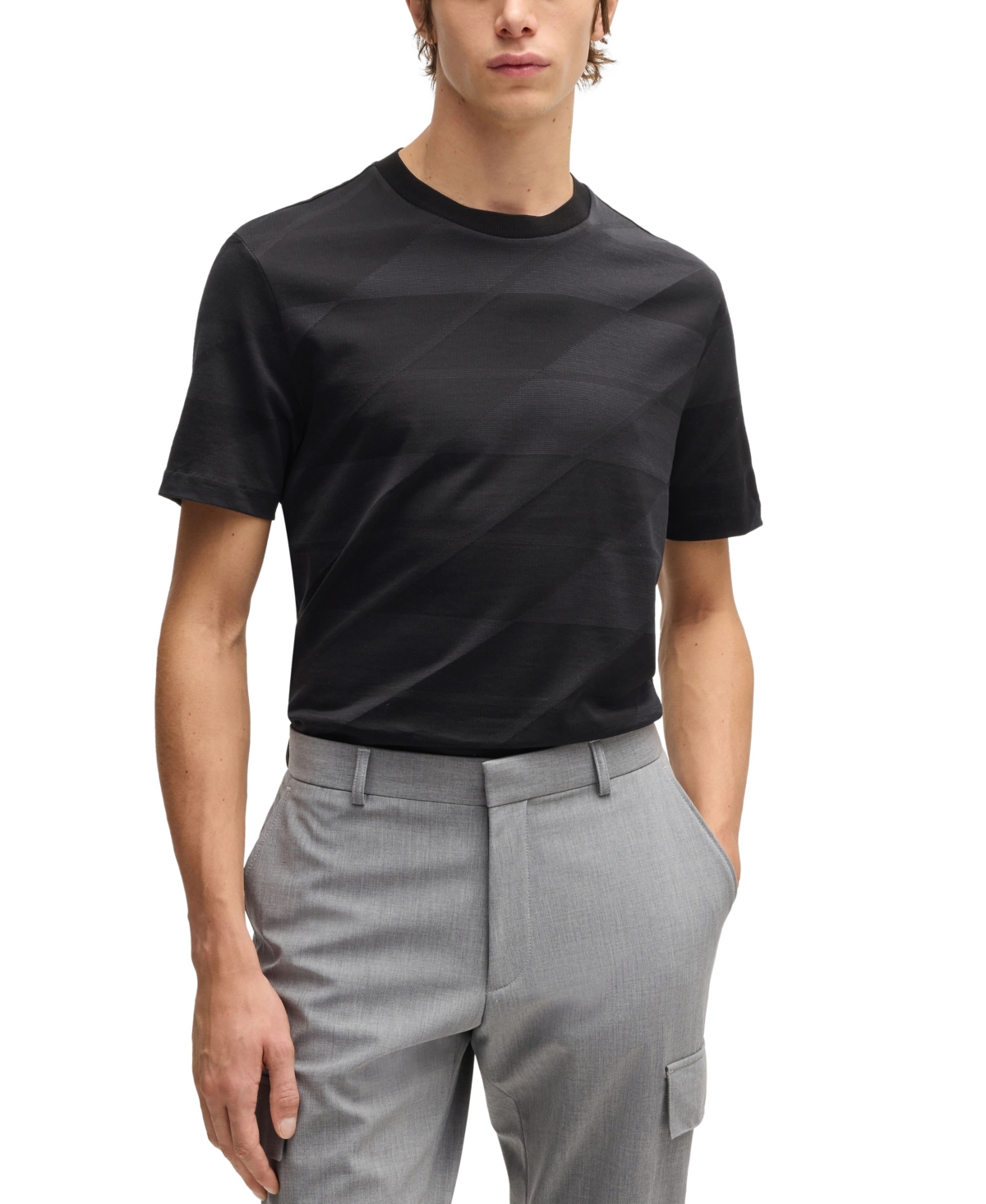 Hugo Boss Mercerized-cotton T-shirt With Two-tone Jacquard In Black