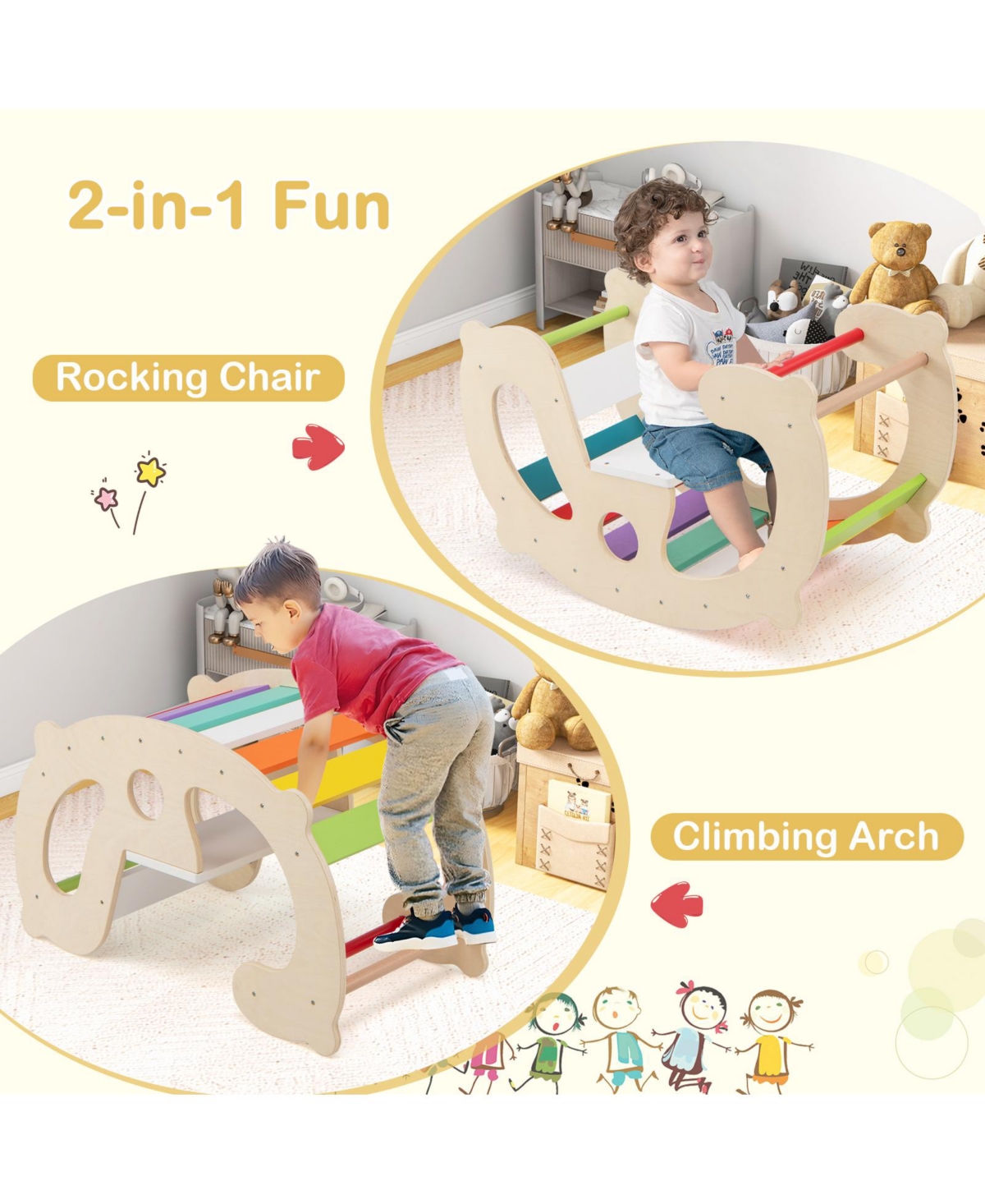 Gouun 2-in-1 Rocking Horse Arch for Kids Montessori Climbing Toys with Arch Climber