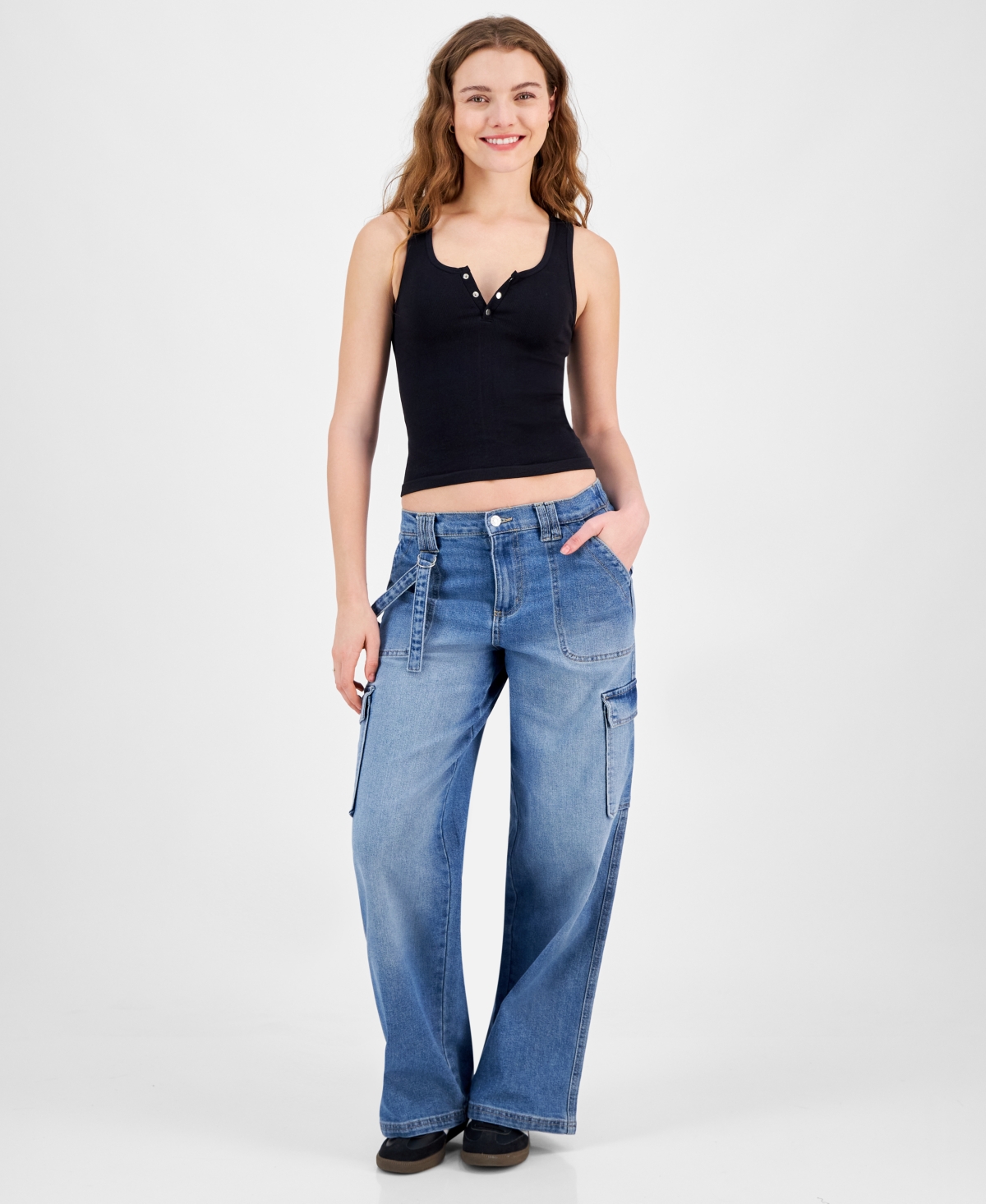 Juniors' Mid-Rise Wide-Leg Cargo Jeans - Medium Wash