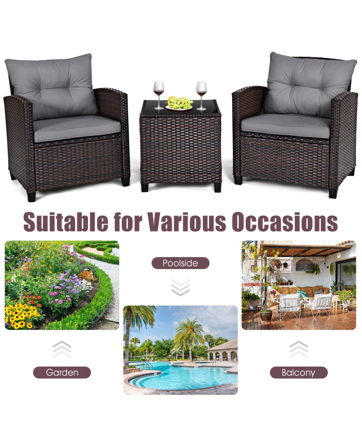 Gouun 3 Pieces Rattan Patio Furniture Set with Washable Cushion