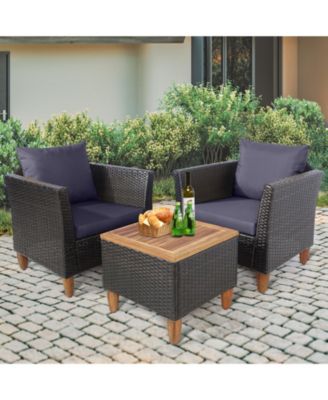 3 Pieces Outdoor Patio Wicker Furniture Set with Cushions and Acacia Wood Table