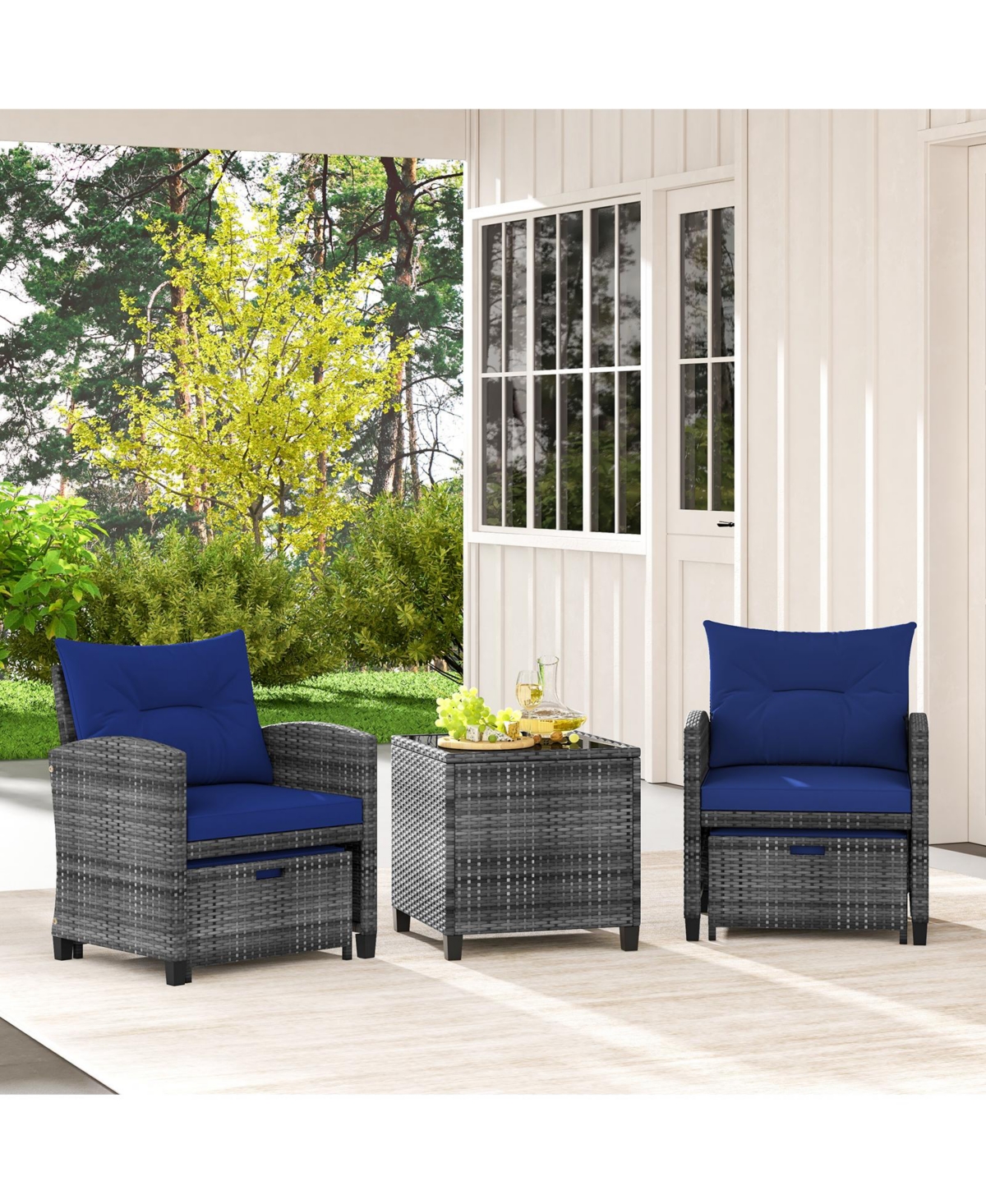 Gouun 5 Piece Patio Rattan Furniture with 2 Ottomans and Tempered Glass Table