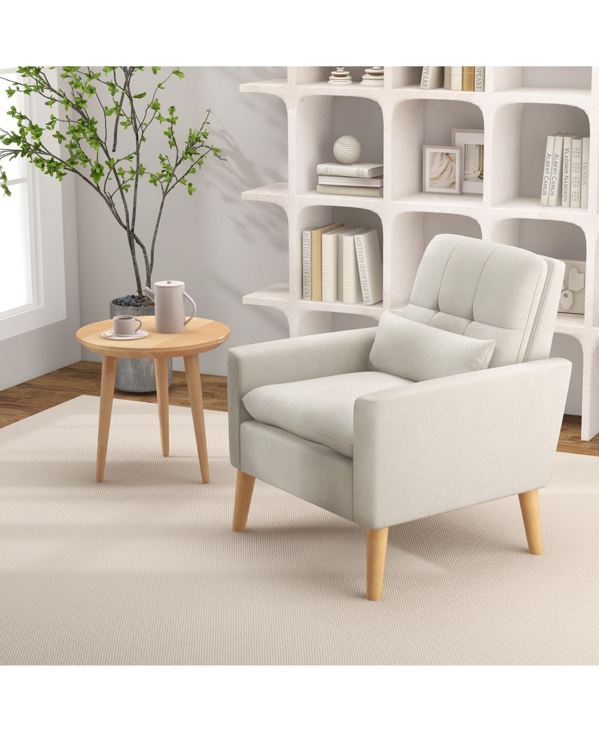 Gouun Accent Chair with Lumbar Pillow Rubber Wood Legs Padded Cushions -khaki