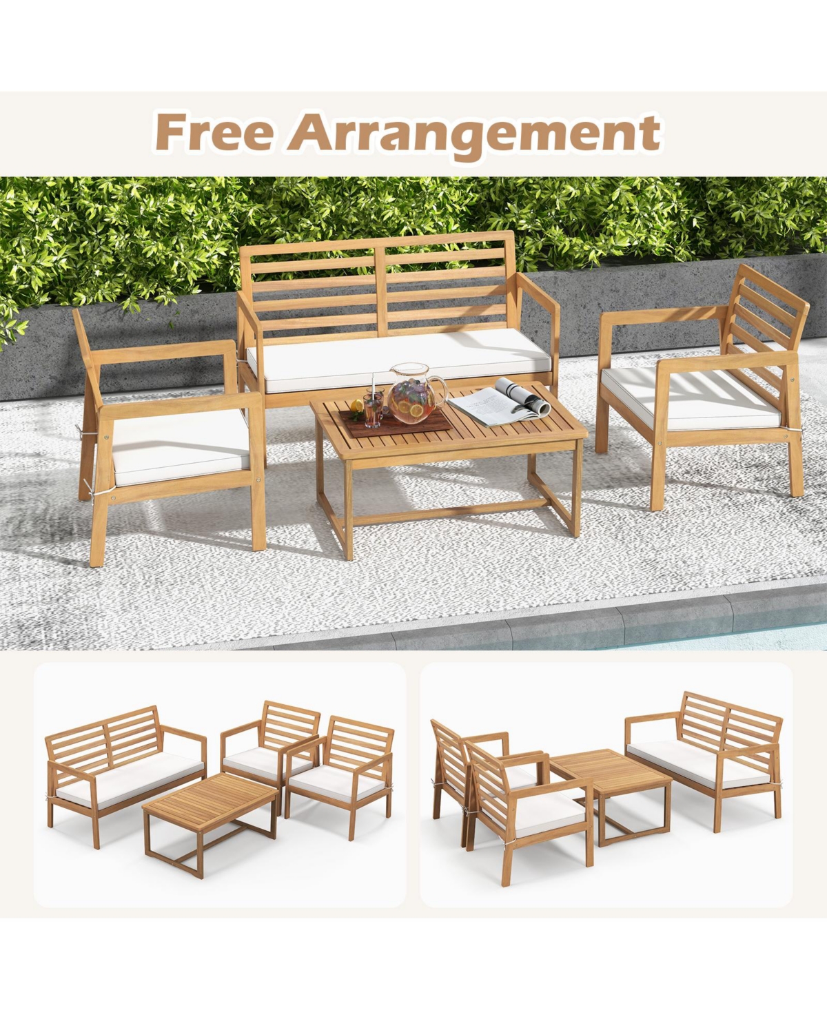 Gouun 4 Piece Wood Patio Conversation Set with 2 Armchairs and Coffee Table
