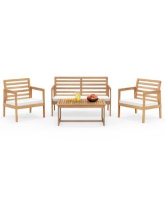4 Piece Wood Patio Conversation Set with 2 Armchairs and Coffee Table