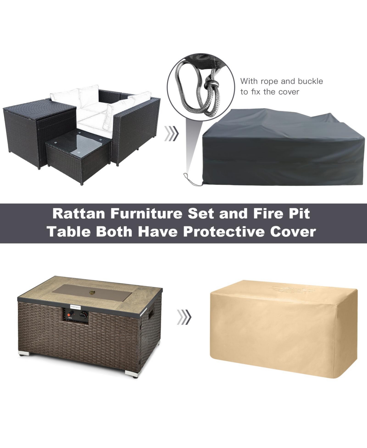 Gouun 6 Pieces Outdoor Wicker Furniture Set with Propane Fire Pit Table