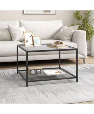 Modern 2-Tier Square Glass Table with Mesh Shelf