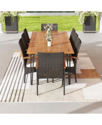 9 Pieces Outdoor Patio Dining Set with Acacia Wood Square Table and Umbrella Hole