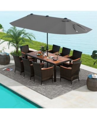 11 Pieces Patio Dining Set with 15 Feet Double-Sided Patio Umbrella and Base