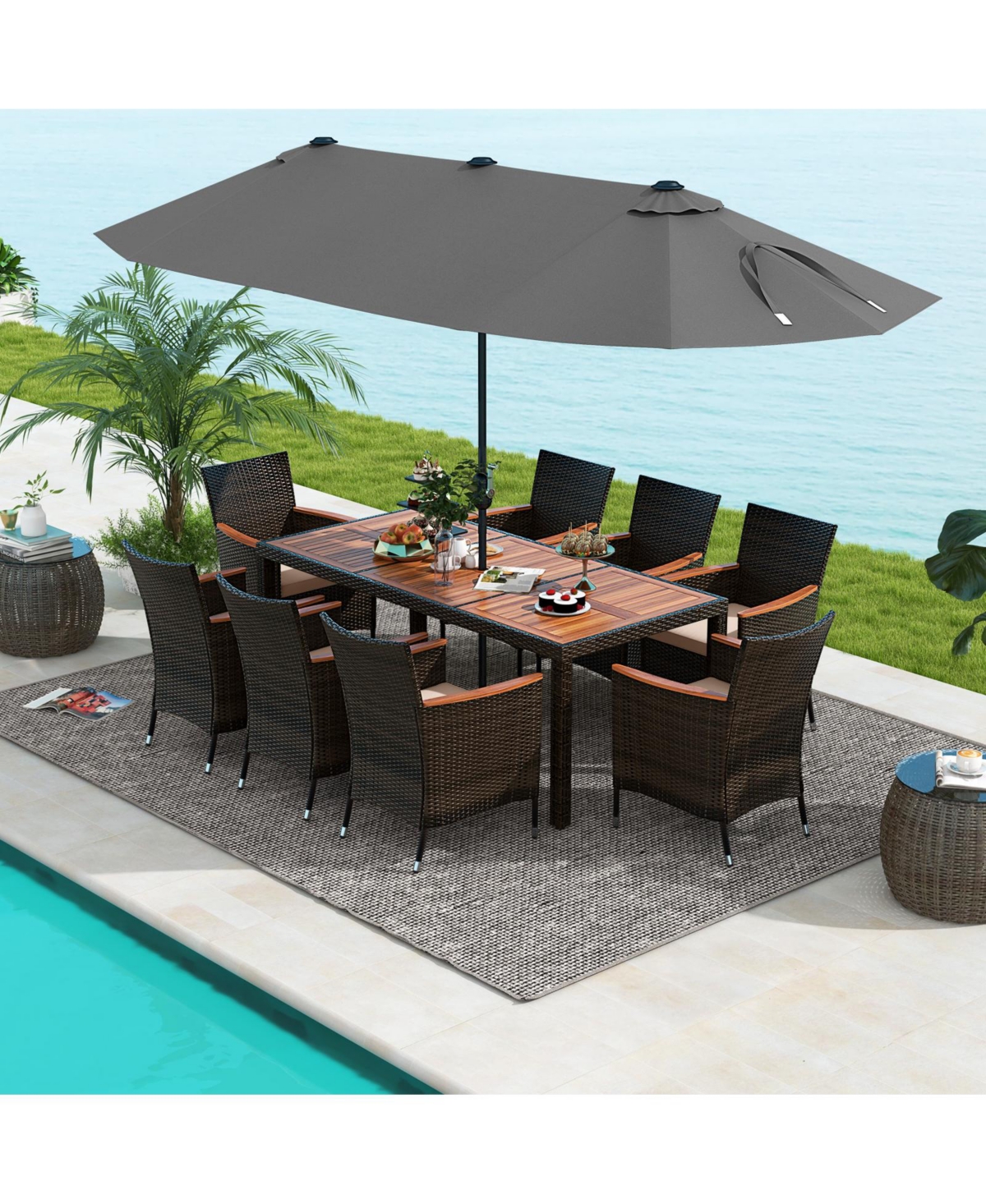 11 Pieces Patio Dining Set with 15 Feet Double-Sided Patio Umbrella and Base