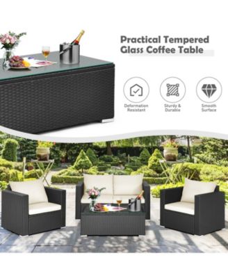 4 Pieces Patio Rattan Conversation Set with Padded Cushion and Tempered Glass Table