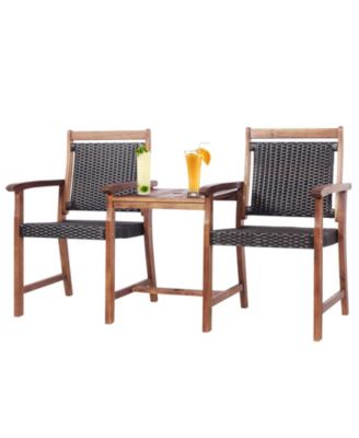 2-Seat Patio Rattan Acacia Wood Chair with Table