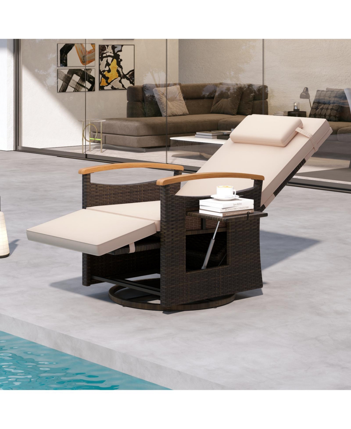 Gouun Patio Rattan 360 Swivel Recliner Chair with Adjustable Backrest and Footrest