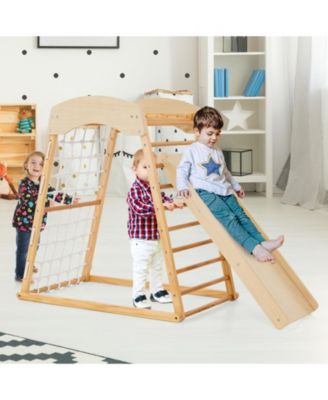 6-in-1 Jungle Gym Wooden Indoor Playground with Double-Sided Ramp and Monkey Bars