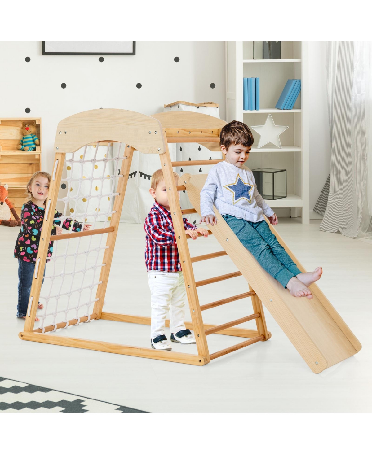 Gouun 6-in-1 Jungle Gym Wooden Indoor Playground with Double-Sided Ramp and Monkey Bars