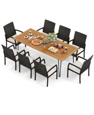 9 Pieces Outdoor Patio Dining Set with Soft Cushions and Acacia Wood Square Table