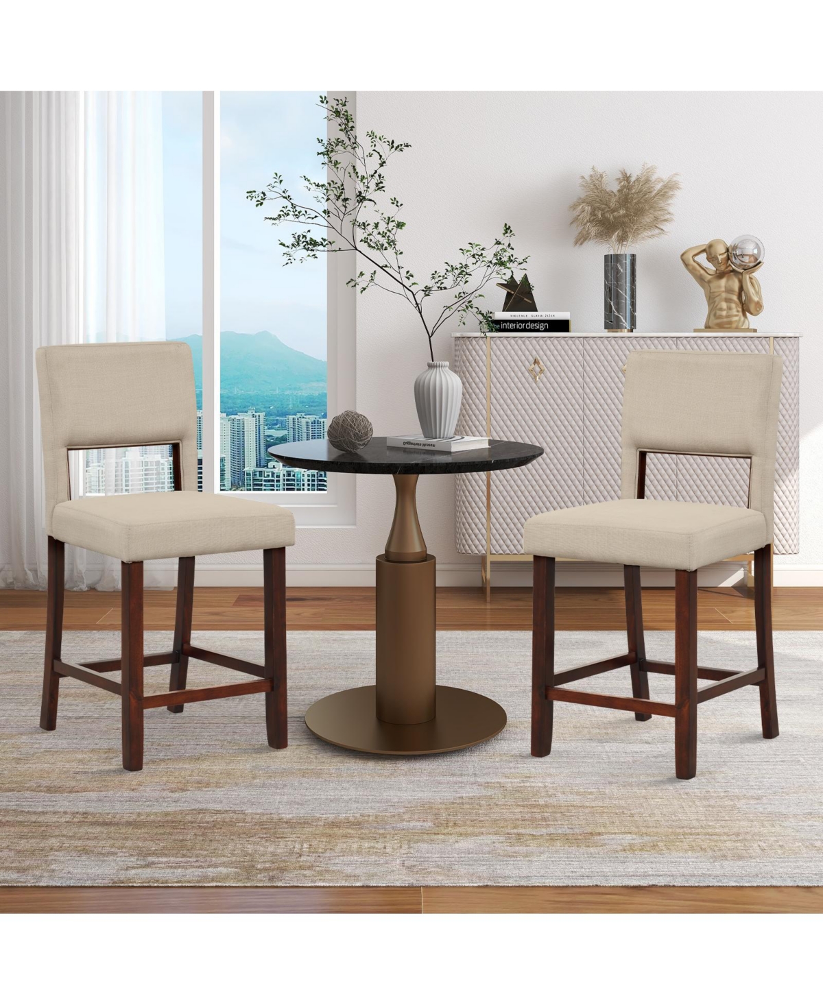 Gouun 2 Piece Bar Chair Set with Hollowed Back and Rubber Wood Legs -khaki