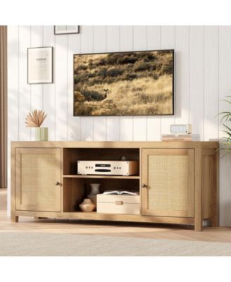 Boho TV Stand for 75 Inch, Rattan Entertainment Center with 2-Tier Storage, Wooden TV & Media Console Cabinet for Living Room Bedroom