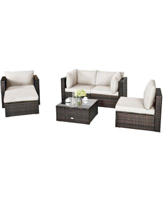 6 Pieces Patio Rattan Furniture Set with Sectional Cushion and Ottomans