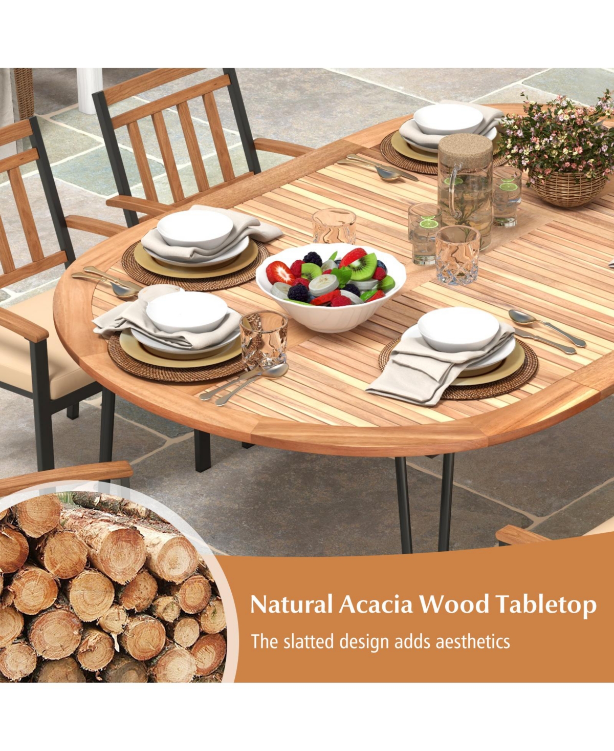 Gouun Oval Patio Dining Table with Umbrella Hole and Acacia Wood Tabletop for 8 People