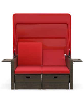 Outdoor Patio Rattan Daybed with Retractable Canopy and Adjustable Backrests