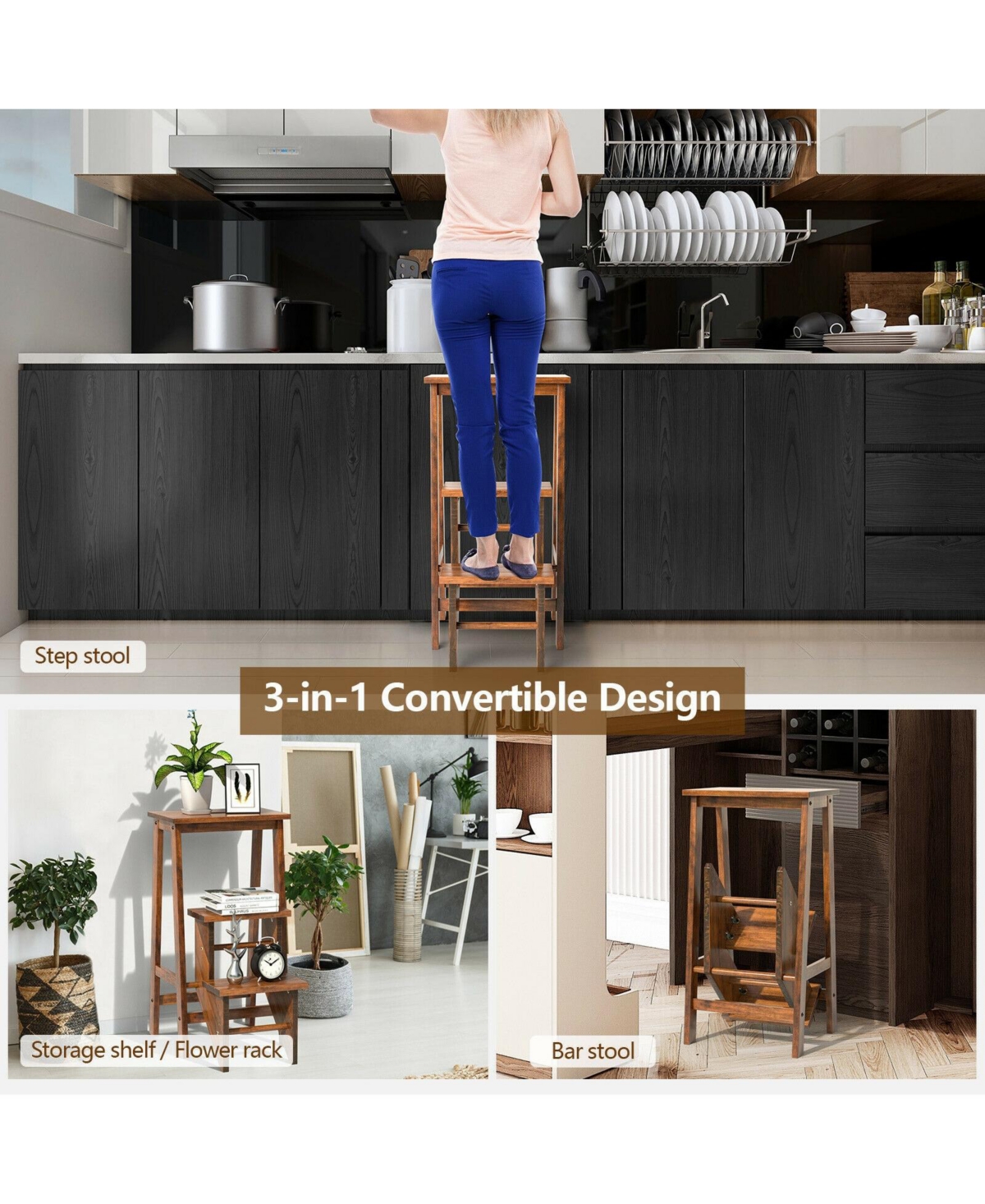 Gouun Boys 3-in-1 Rubber Wood 3 Tier Folding Step Stool Ladder Storage Shelf