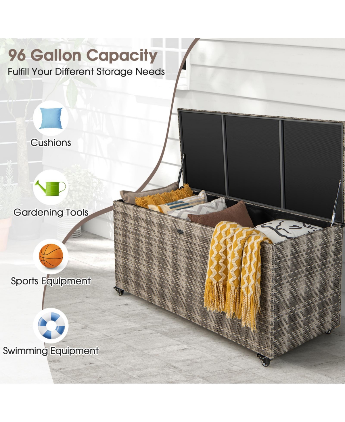 Gouun Gallon Pe Wicker Outdoor Storage Box with 4 Wheels