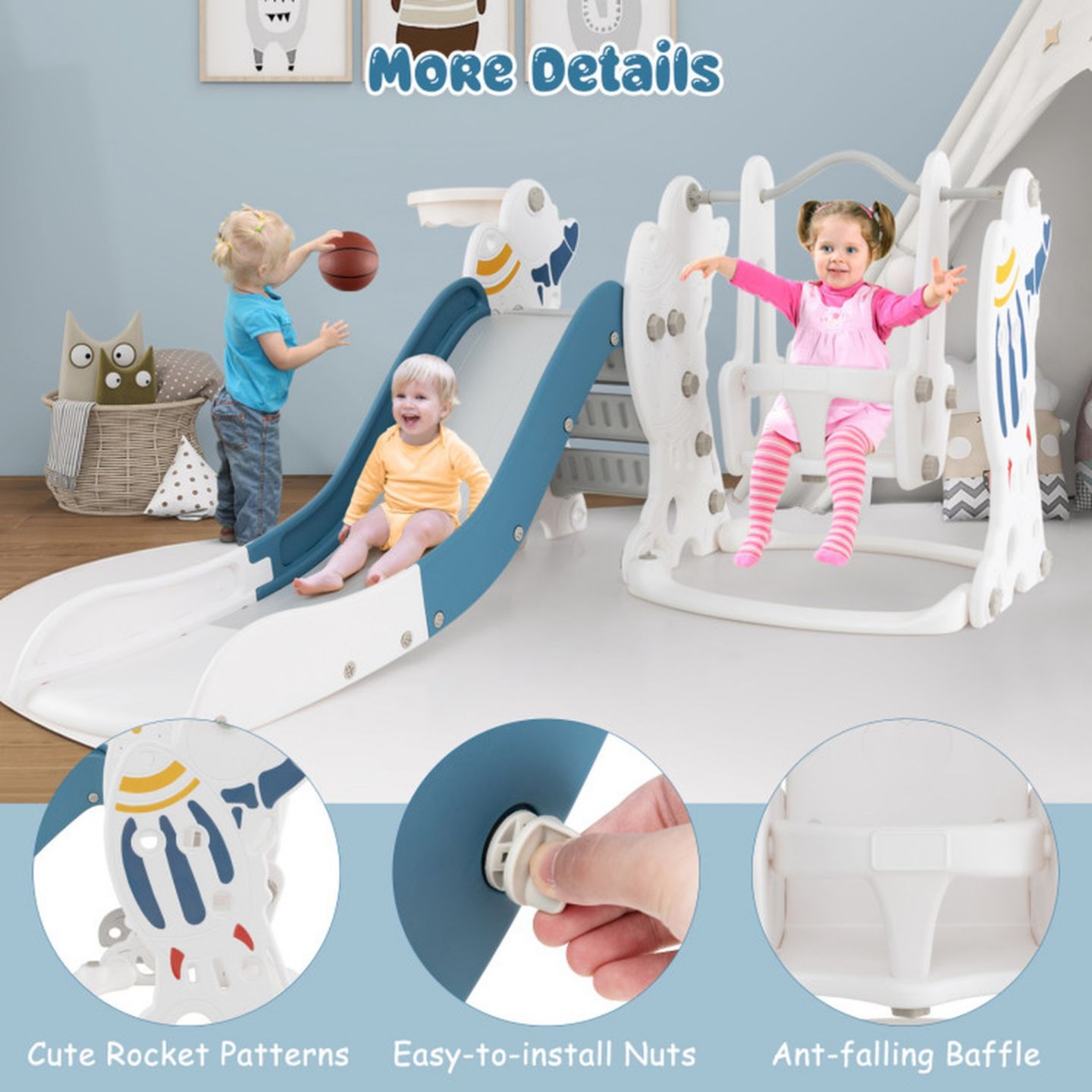 Детские игрушки GOUUN 4-in-1 Kids Slide Swing Set with Basketball Hoop, Ages 1+, цвет: Синий — фото 5