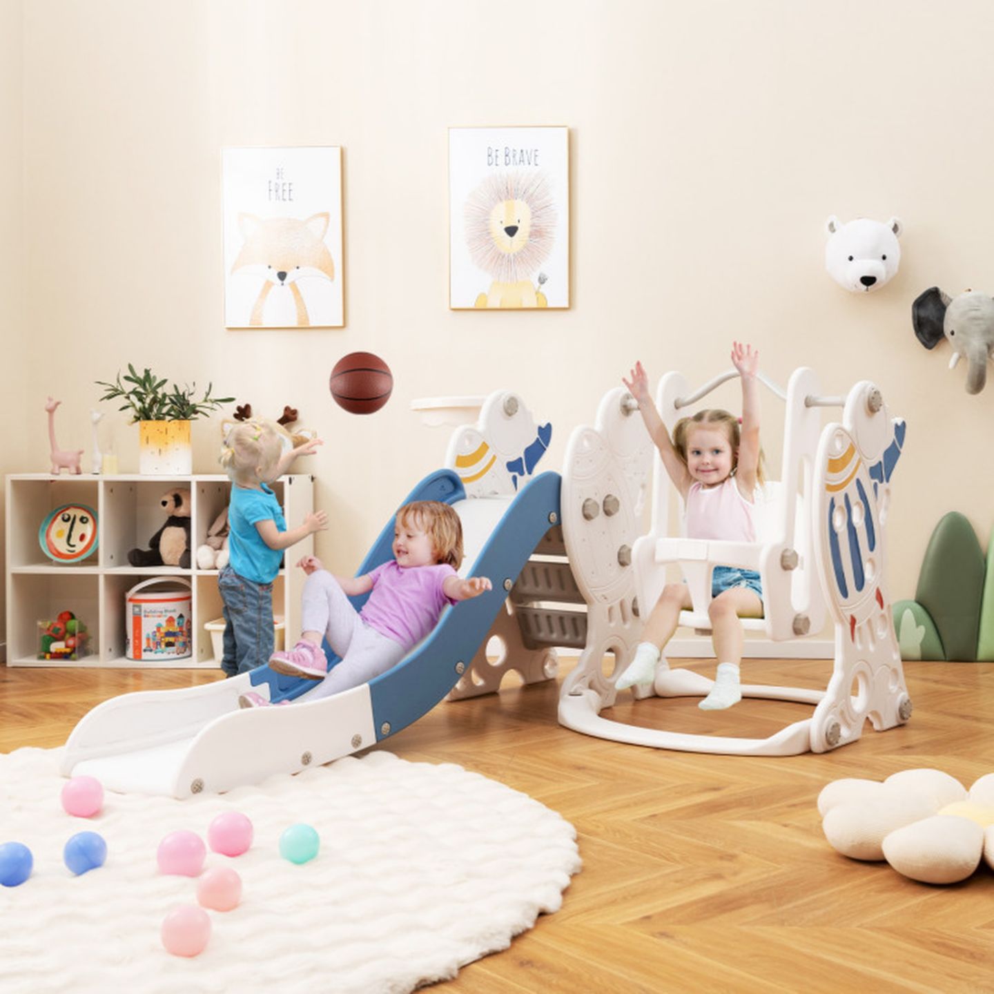 Детские игрушки GOUUN 4-in-1 Kids Slide Swing Set with Basketball Hoop, Ages 1+, цвет: Синий — фото 1