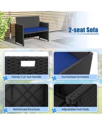 4 Piece Outdoor Dining Set with Wood Topped Dining Table Rattan Loveseat Chair and 2 Ottomans