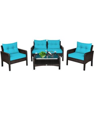 4 Pieces Outdoor Rattan Wicker Loveseat Furniture Set with Cushions