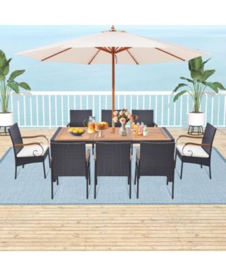 9 Pieces Patio Rattan Dining Set with Acacia Wood Table for Backyard Garden-Curved Handrail