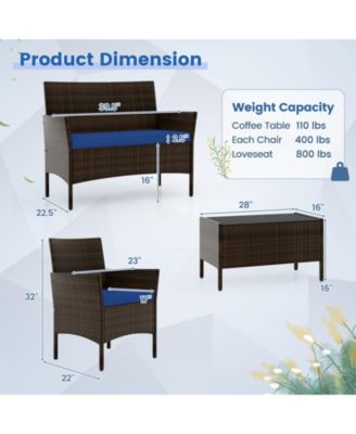 4 Piece Patio Rattan Conversation Set with Cozy Seat Cushions