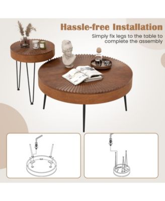 Set of 2 Boho Round Table with Solid Pine Wood Top and Metal Legs